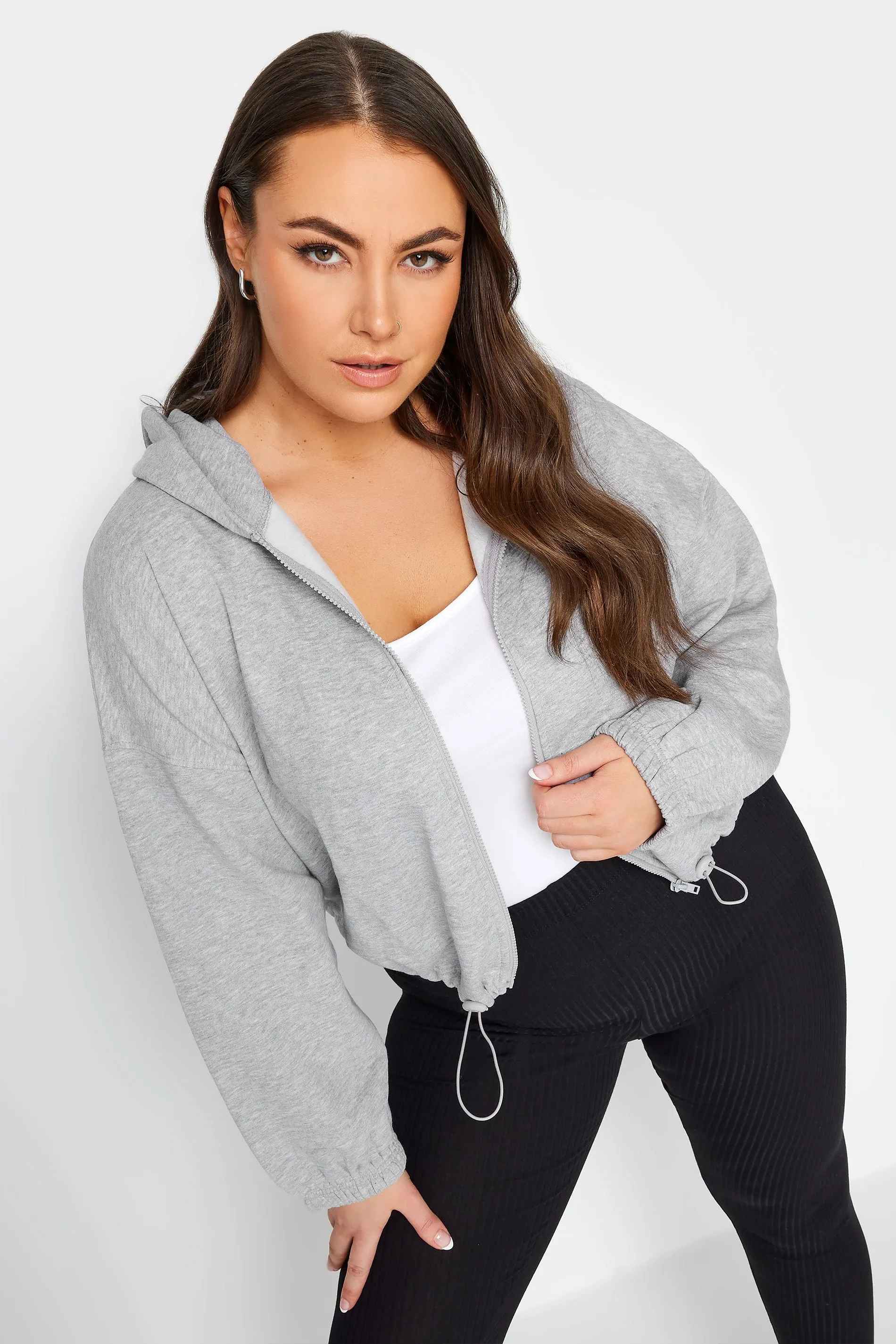 CURVE Grey Cropped Hoodie With Zip - LIMITED COLLECTION