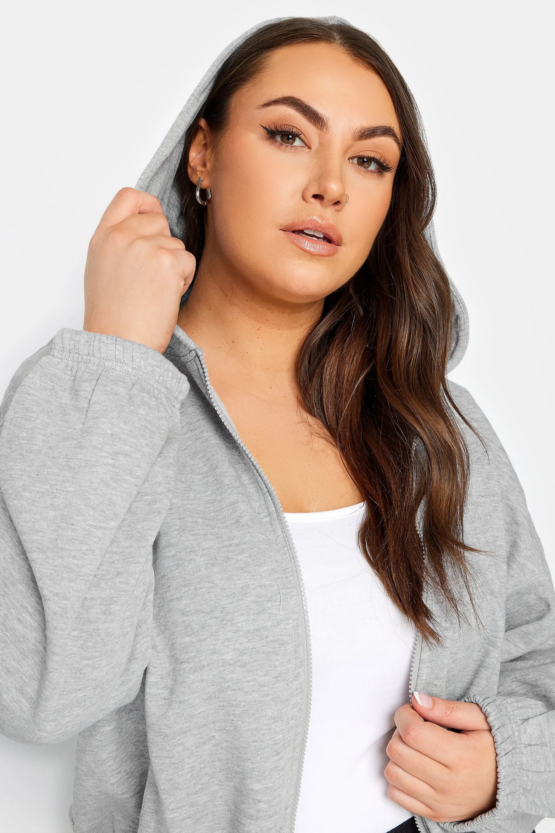 CURVE Grey Cropped Hoodie With Zip - LIMITED COLLECTION