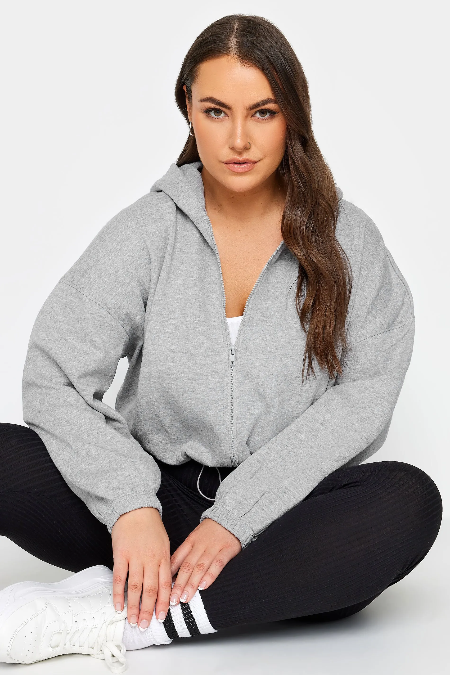 CURVE Grey Cropped Hoodie With Zip - LIMITED COLLECTION