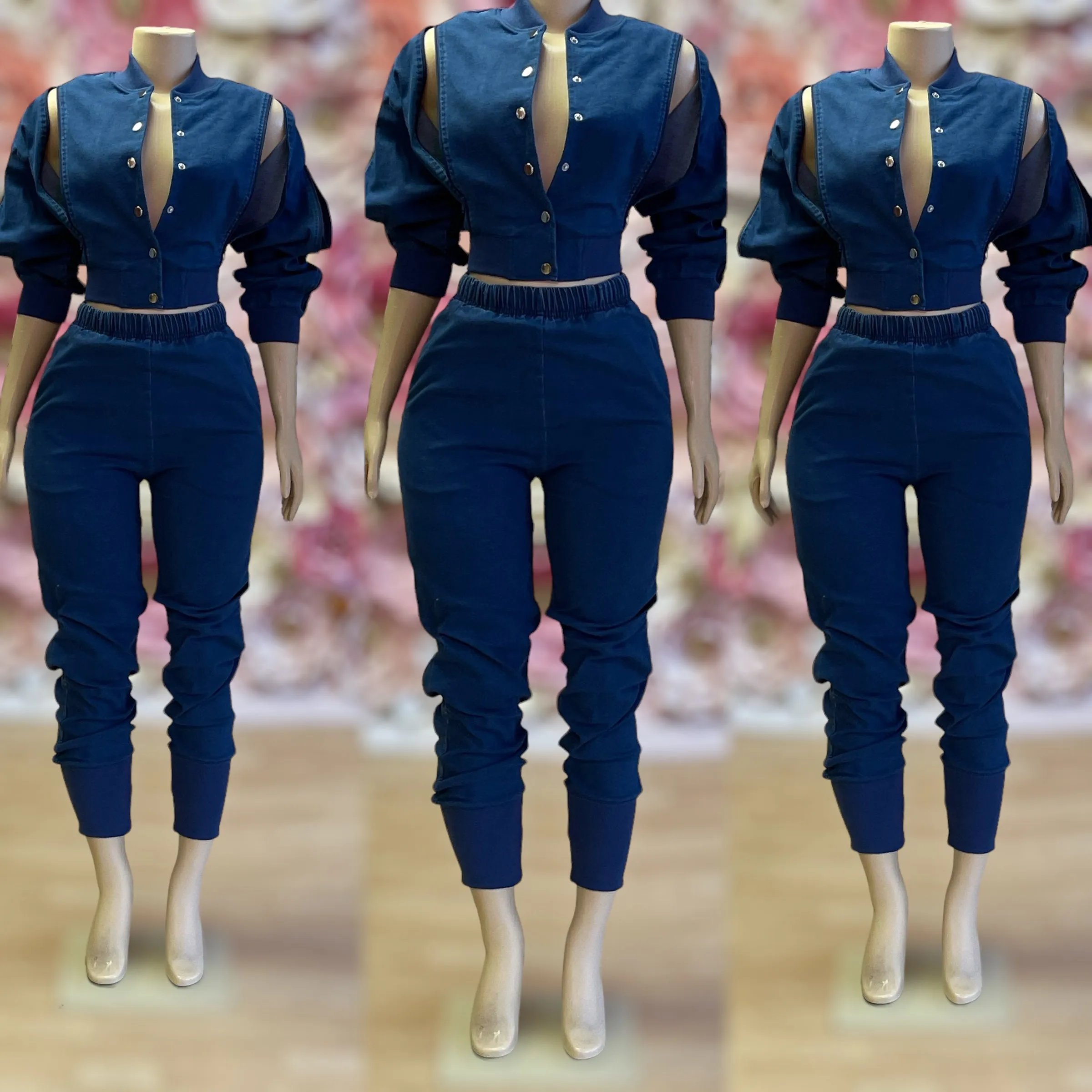 Dark Denim Zippers Denim Pants Set - Unleash Your Inner Fashionista!