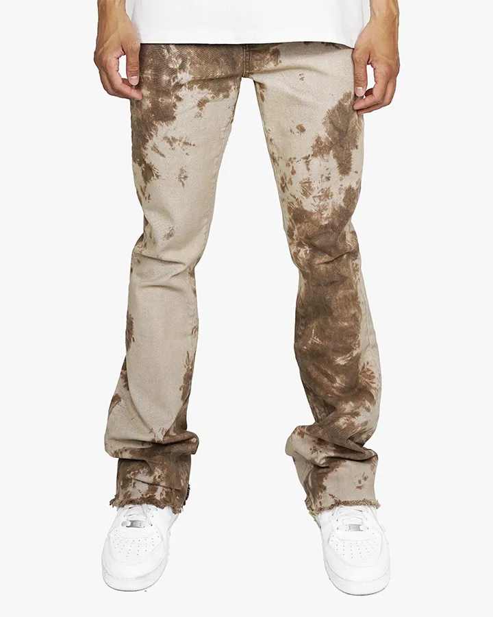 EPTM khaki tie dyed stacked flare pants.