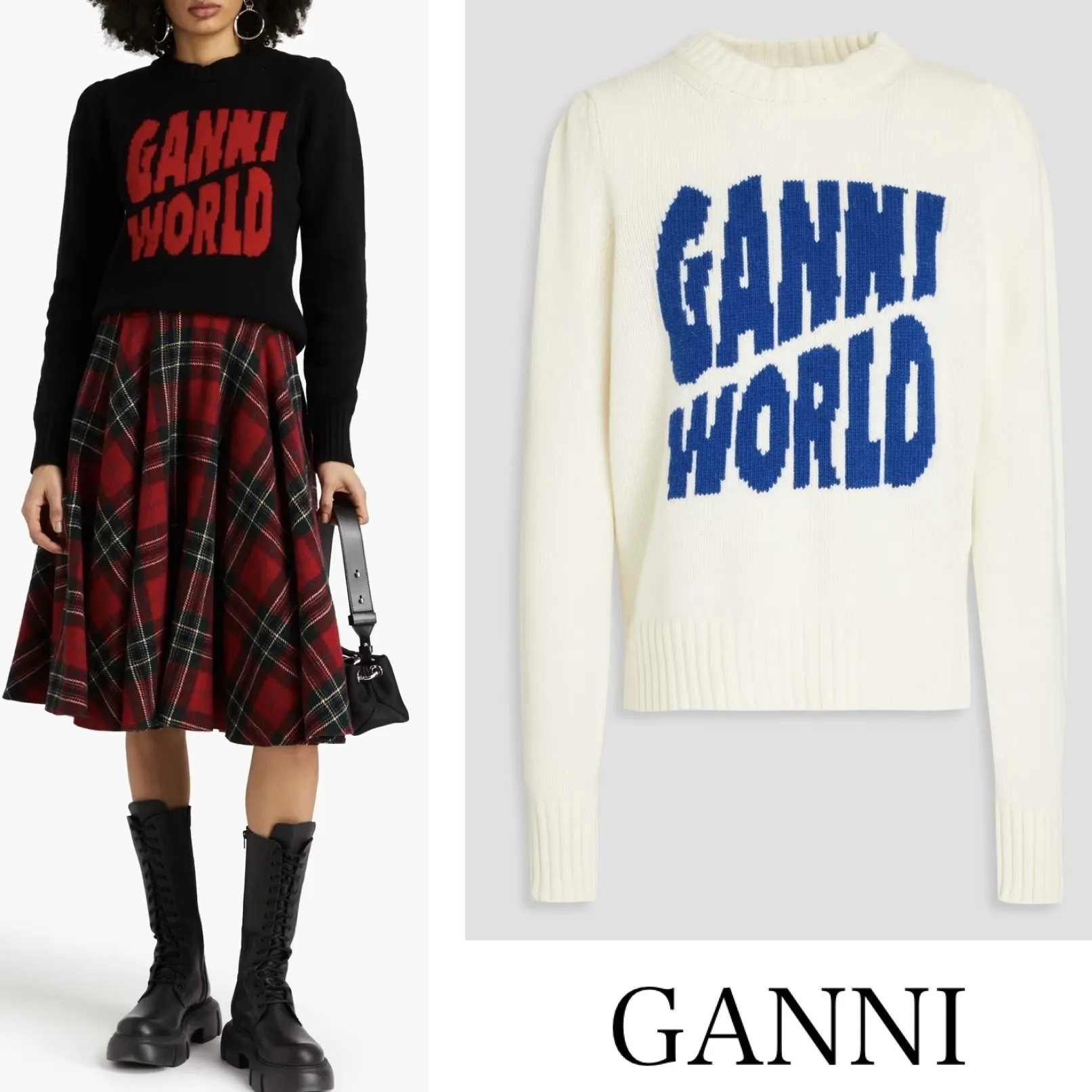 Ganni wool rib long sleeves logo V-neck and crew neck.