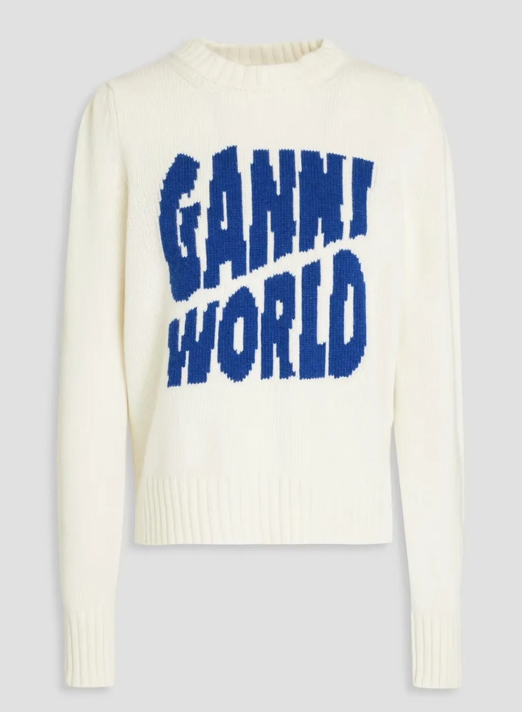 Ganni wool rib long sleeves logo V-neck and crew neck.