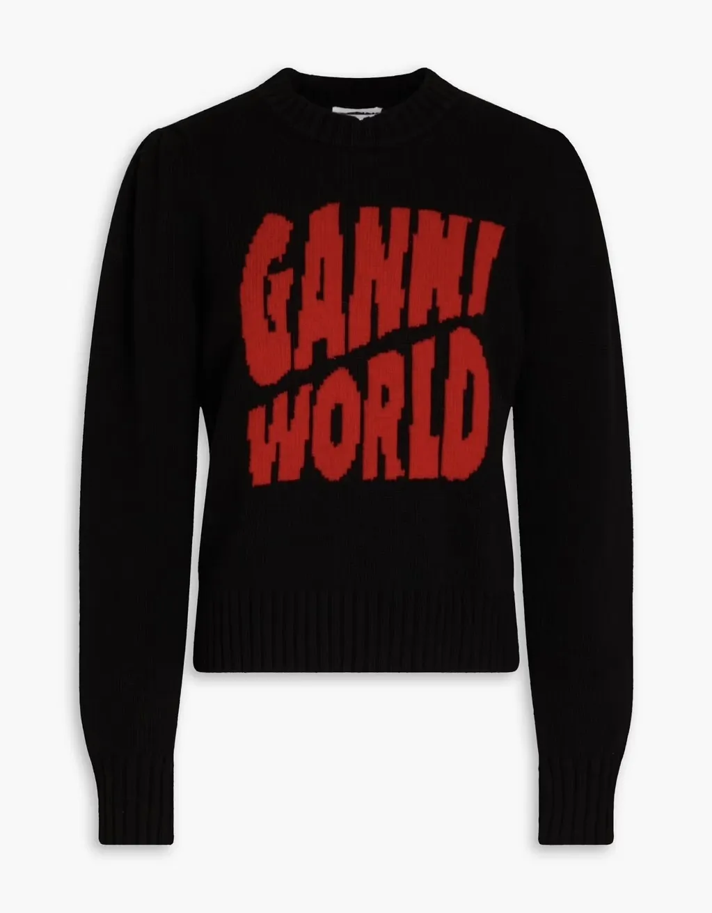 Ganni wool rib long sleeves logo V-neck and crew neck.