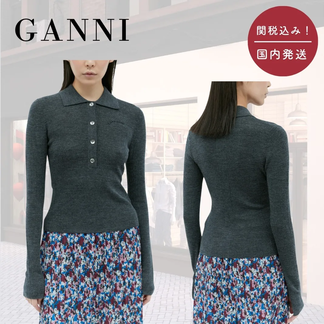 Ganni wool rib long sleeves v-neck and crew neck