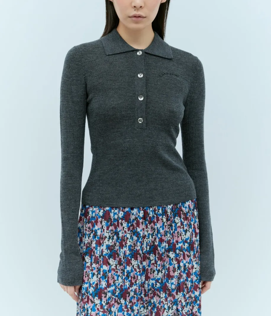 Ganni wool rib long sleeves v-neck and crew neck