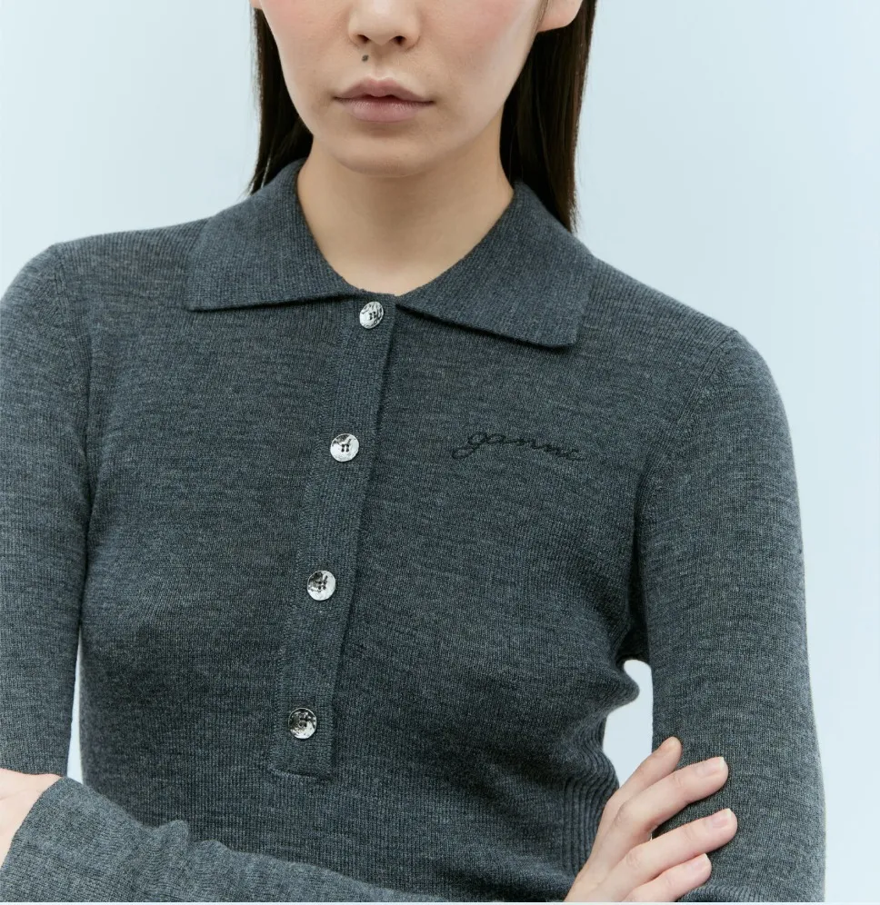 Ganni wool rib long sleeves v-neck and crew neck