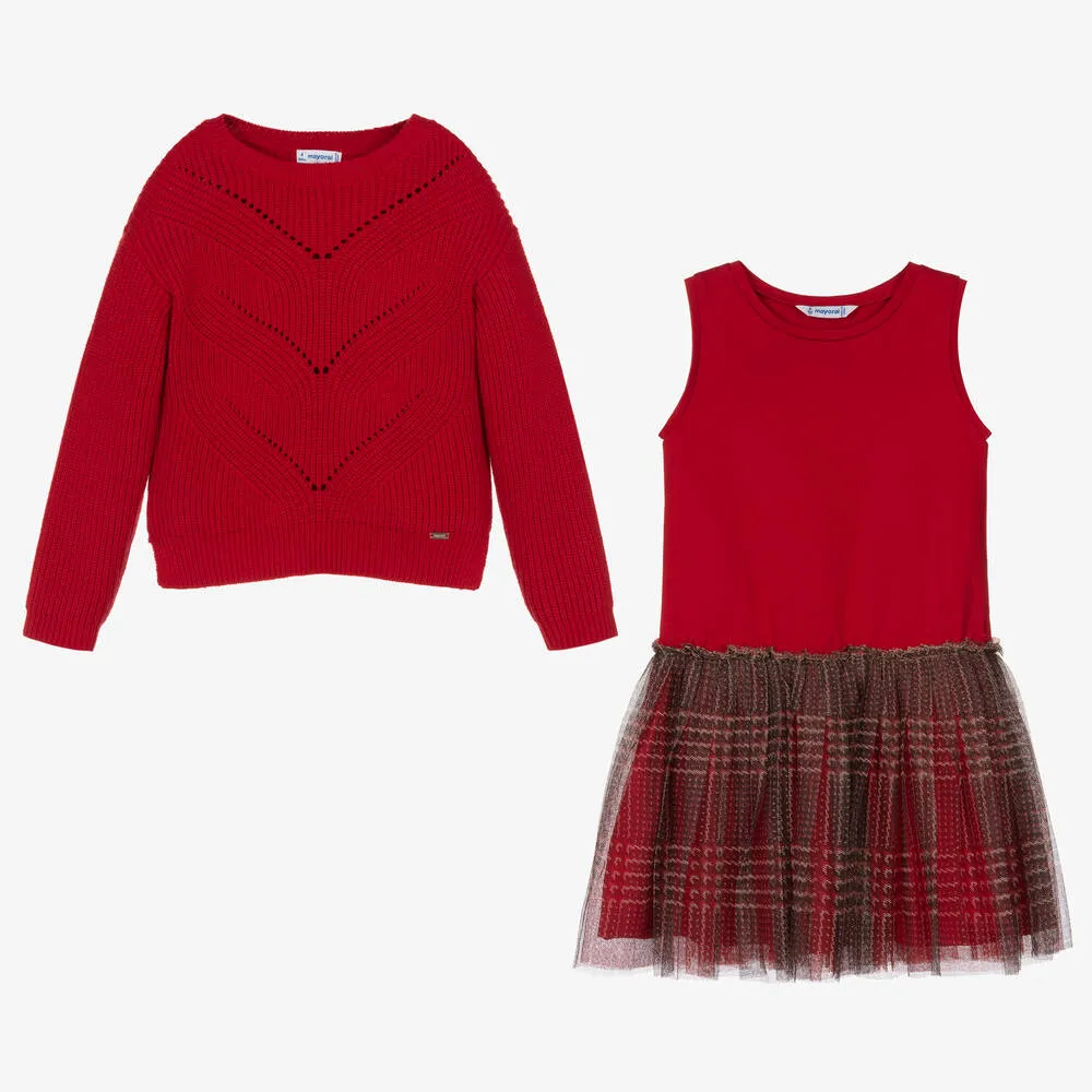 Girls Red Dress & Sweater Set