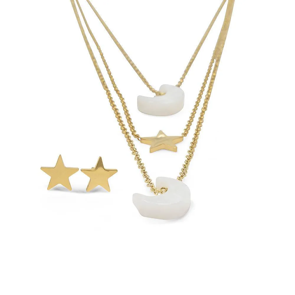 Gold Plated Stainless Steel Opal Moon Star Necklace Earring Set