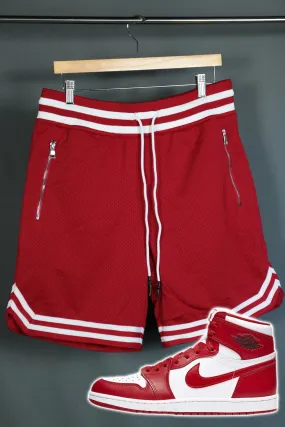 Jordan Craig basketball shorts, red and white, Houston, 8903SAA.