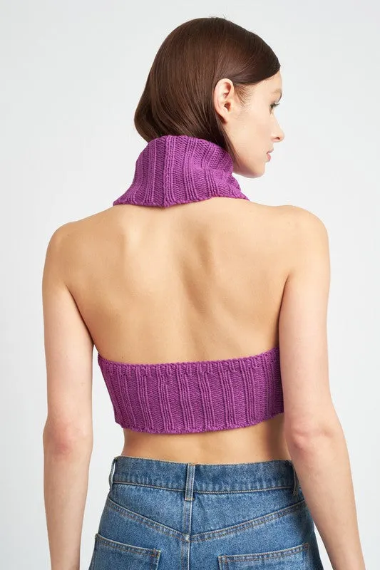 Knit Crop Top with Turtle Neck and Open Back