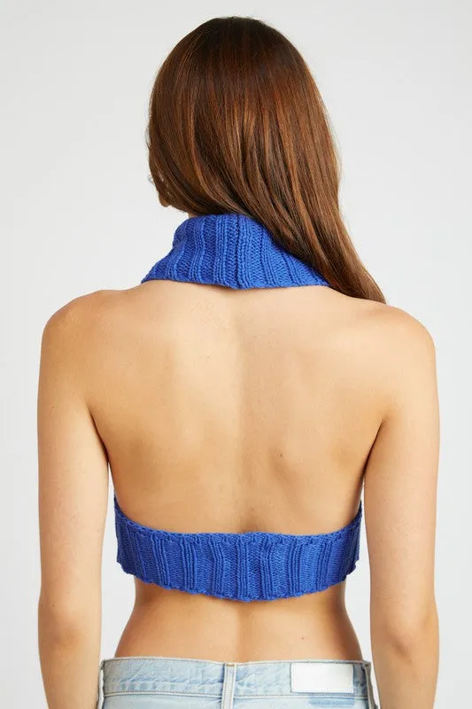 Knit Crop Top with Turtle Neck and Open Back