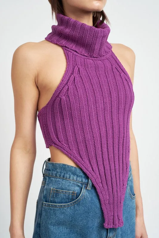 Knit Crop Top with Turtle Neck and Open Back