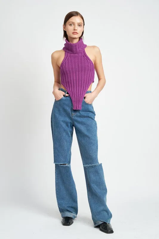 Knit Crop Top with Turtle Neck and Open Back