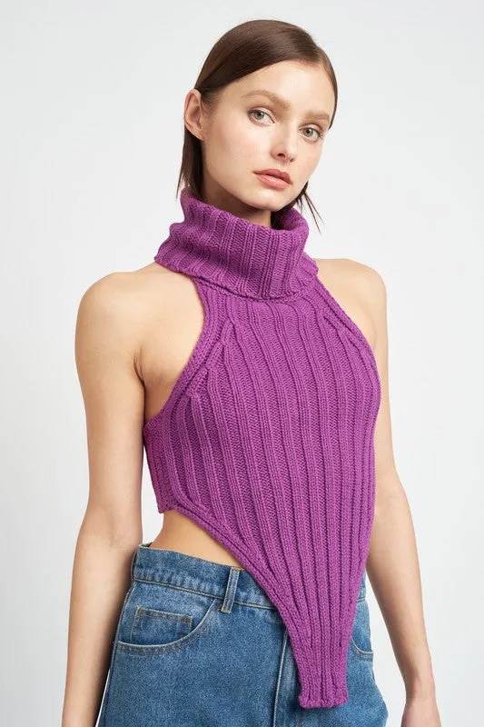 Knit Crop Top with Turtle Neck and Open Back