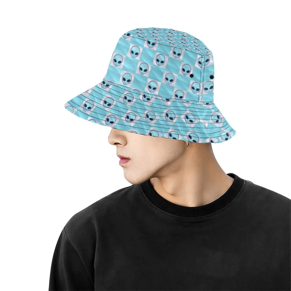 Light Blue Alien Checkered Print Bucket Hat | UV Reactive