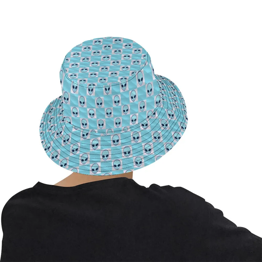 Light Blue Alien Checkered Print Bucket Hat | UV Reactive