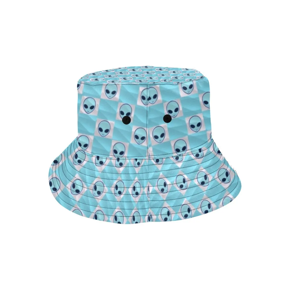 Light Blue Alien Checkered Print Bucket Hat | UV Reactive