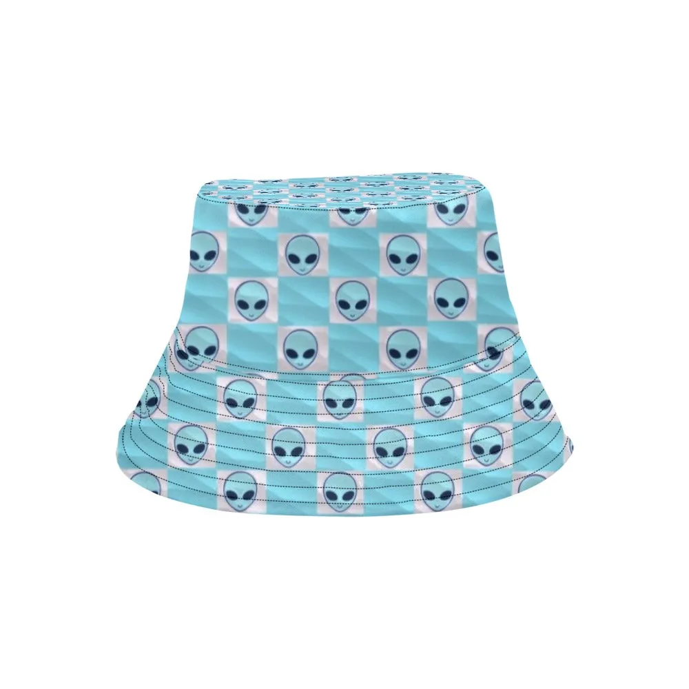 Light Blue Alien Checkered Print Bucket Hat | UV Reactive