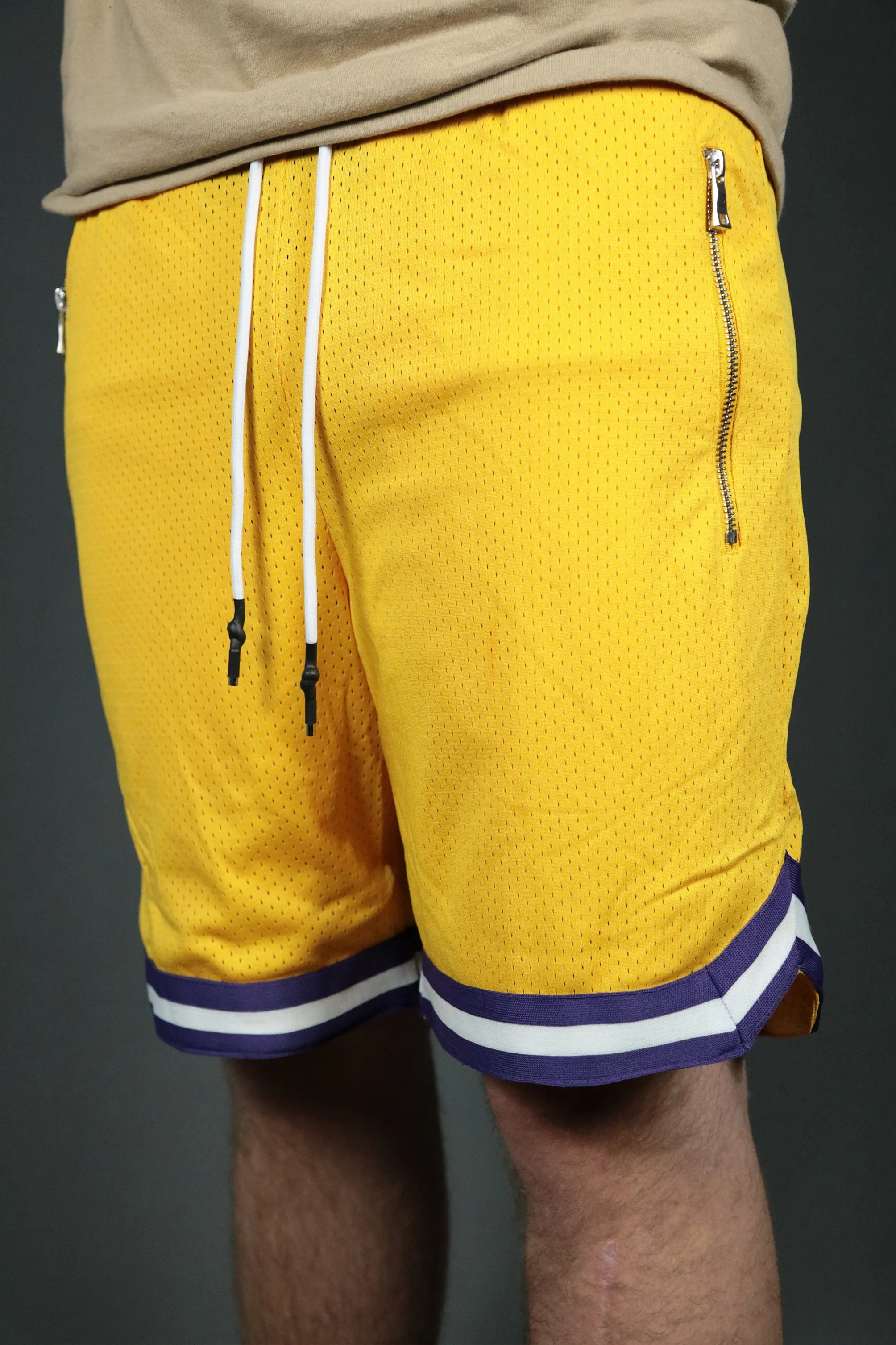 Los Angeles Yellow Men's Basketball Swingman Shorts with Zipper Pocket.