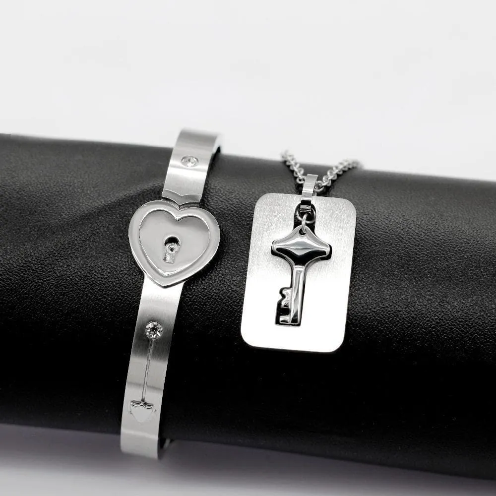 Love Lock Bracelet and Key Necklace Pair