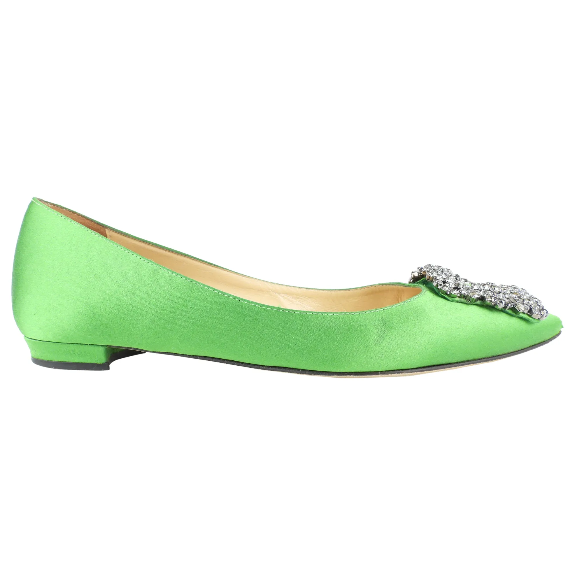 Manolo Blahnik Green Satin Crystal Ballet Flats - Size 35.5