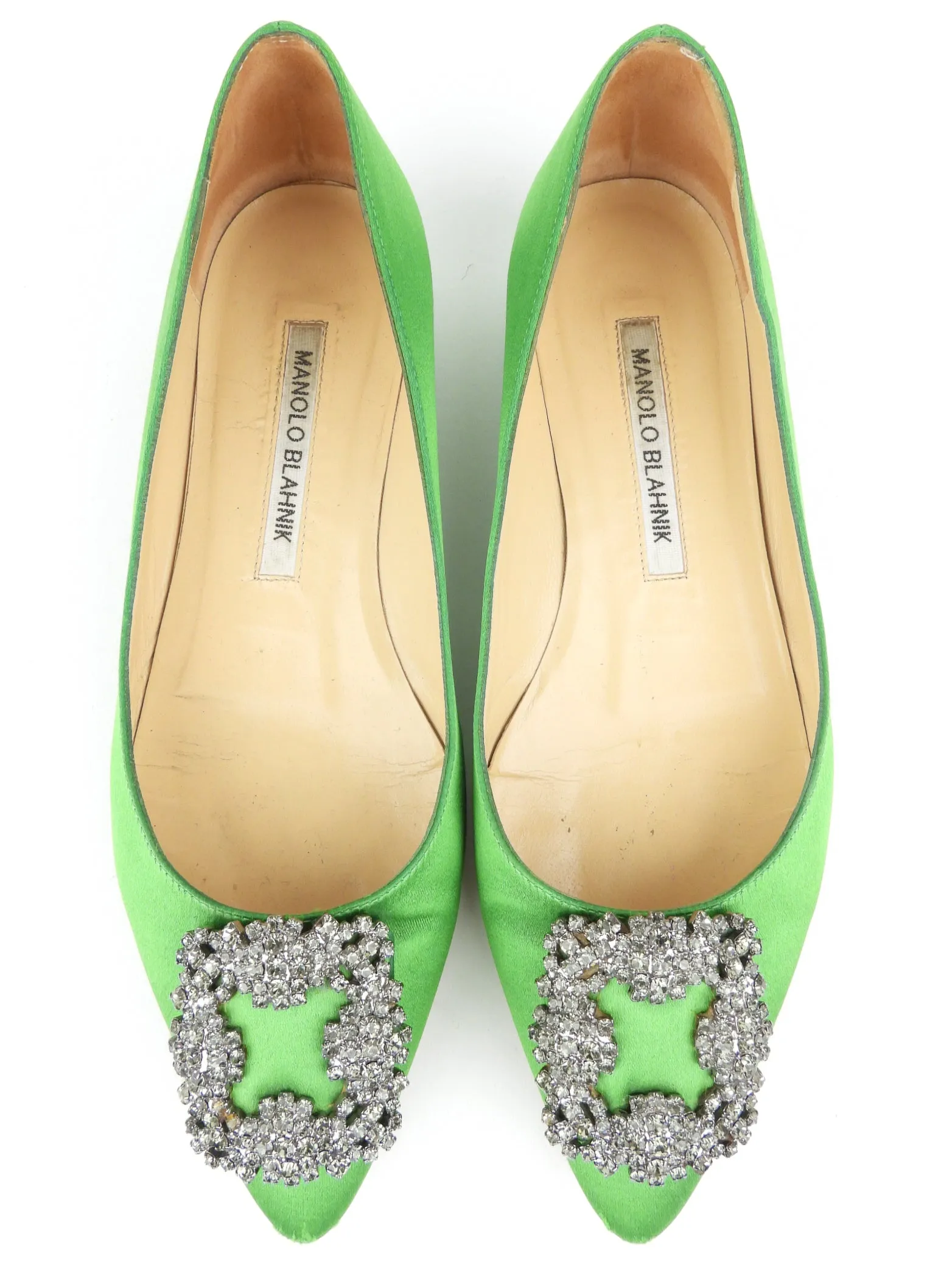 Manolo Blahnik Green Satin Crystal Ballet Flats - Size 35.5