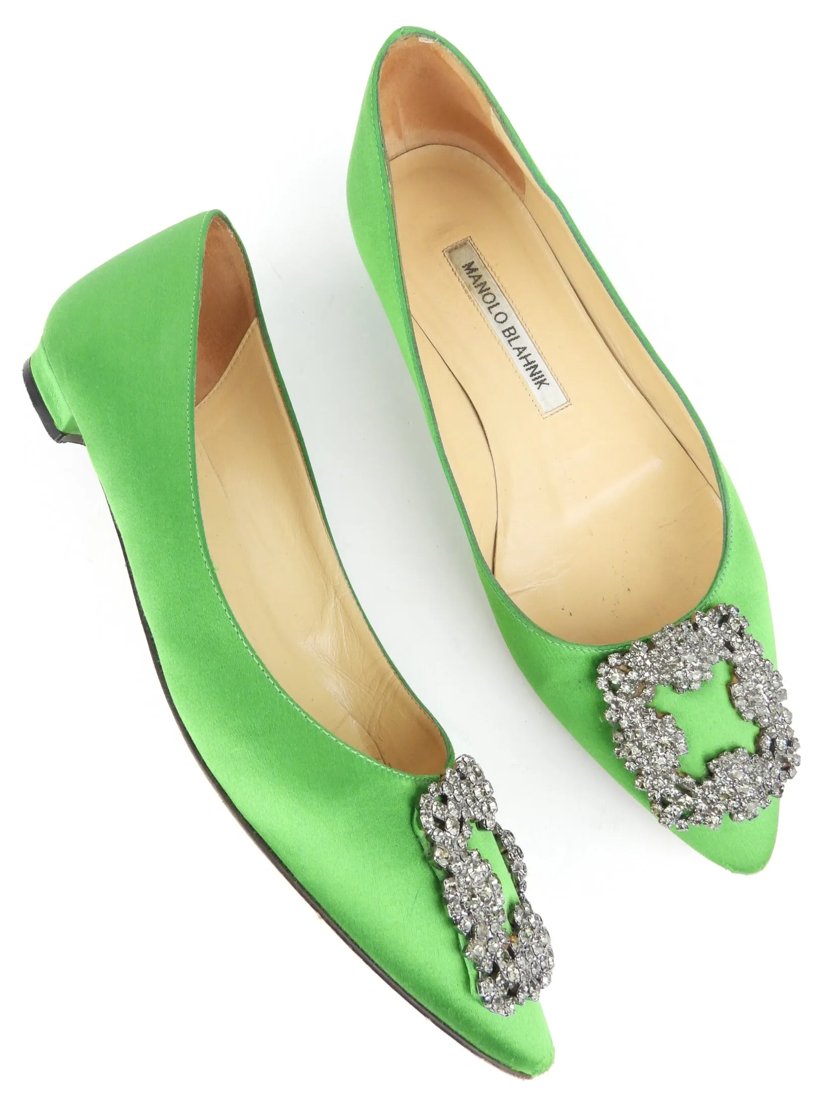 Manolo Blahnik Green Satin Crystal Ballet Flats - Size 35.5