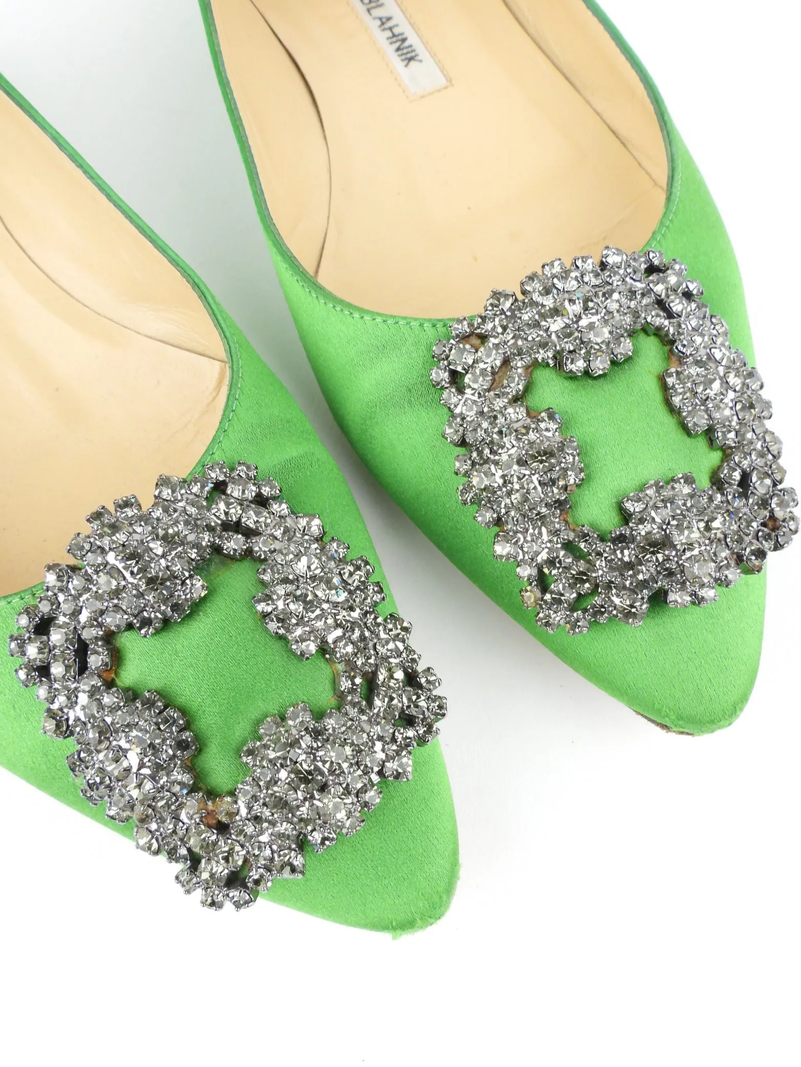 Manolo Blahnik Green Satin Crystal Ballet Flats - Size 35.5