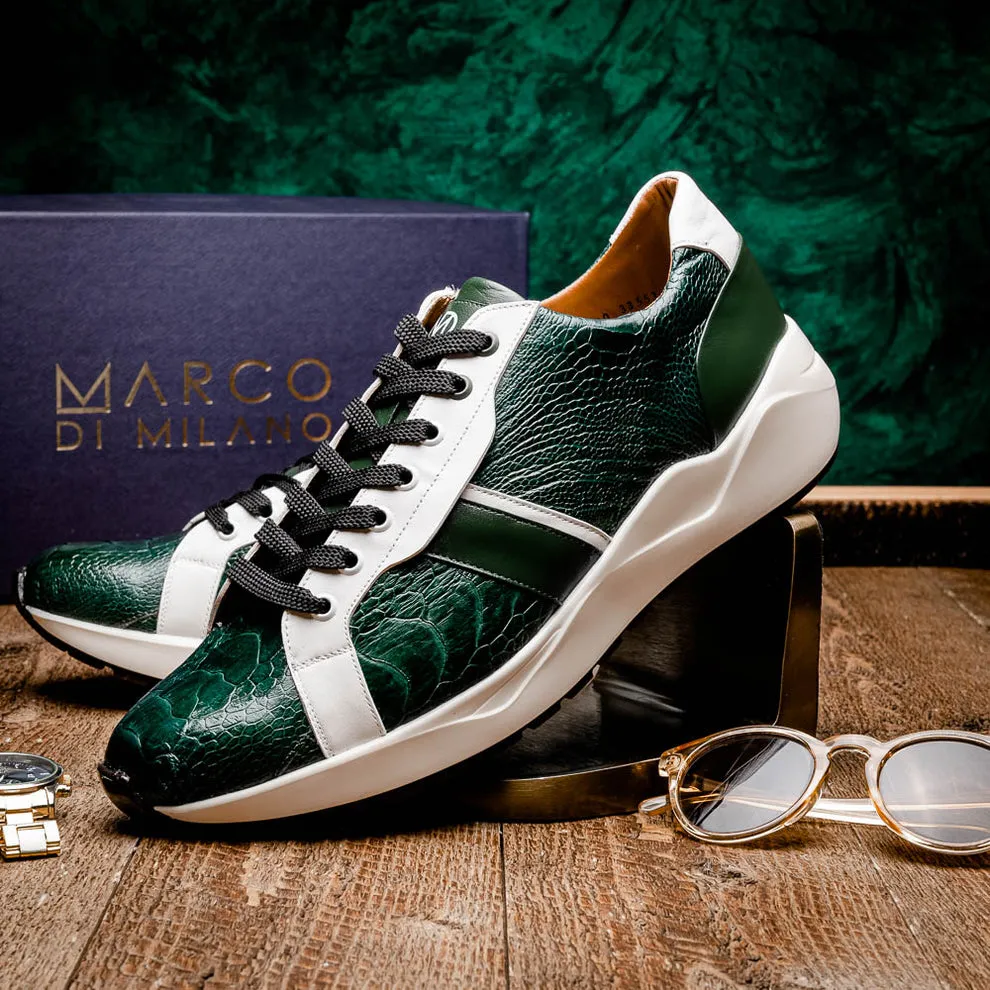 Marco Di Milano Lyon Men's Shoes Green & White Calf-Skin / Ostrich Casual Sneakers (MDM1071)