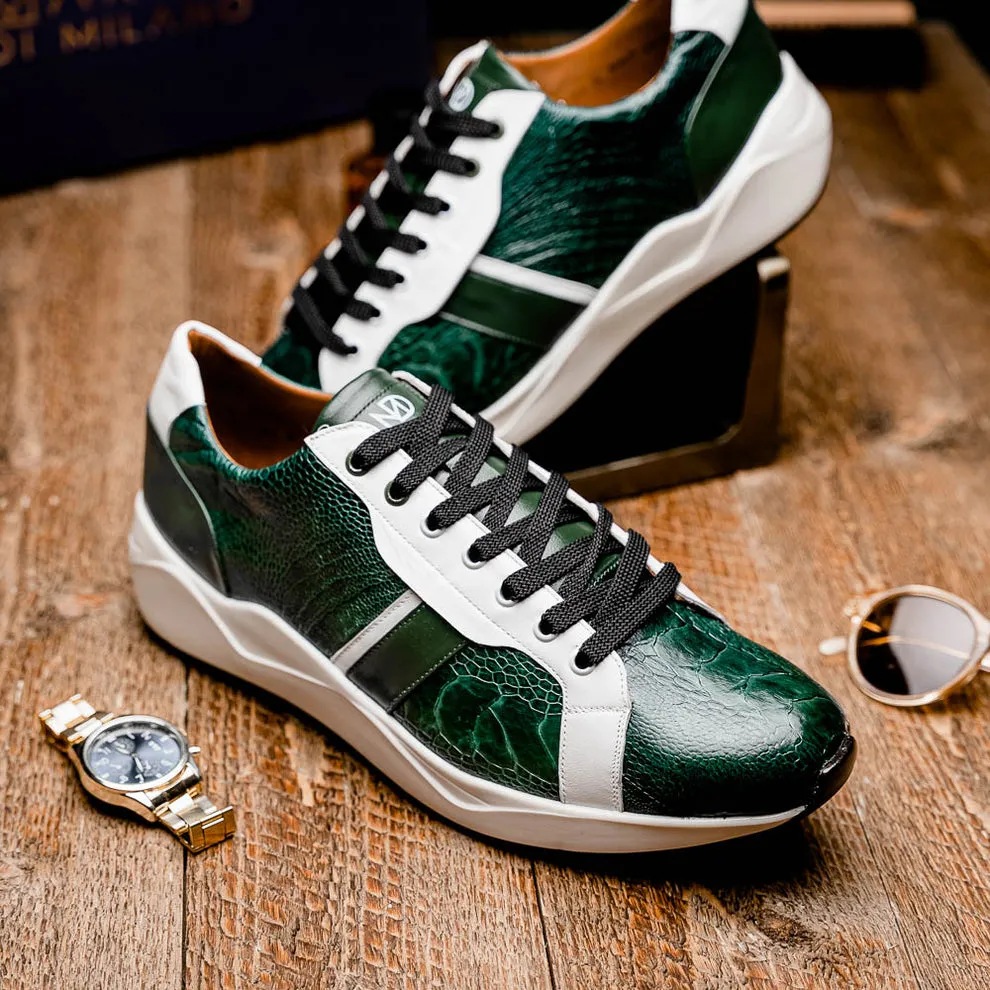 Marco Di Milano Lyon Men's Shoes Green & White Calf-Skin / Ostrich Casual Sneakers (MDM1071)