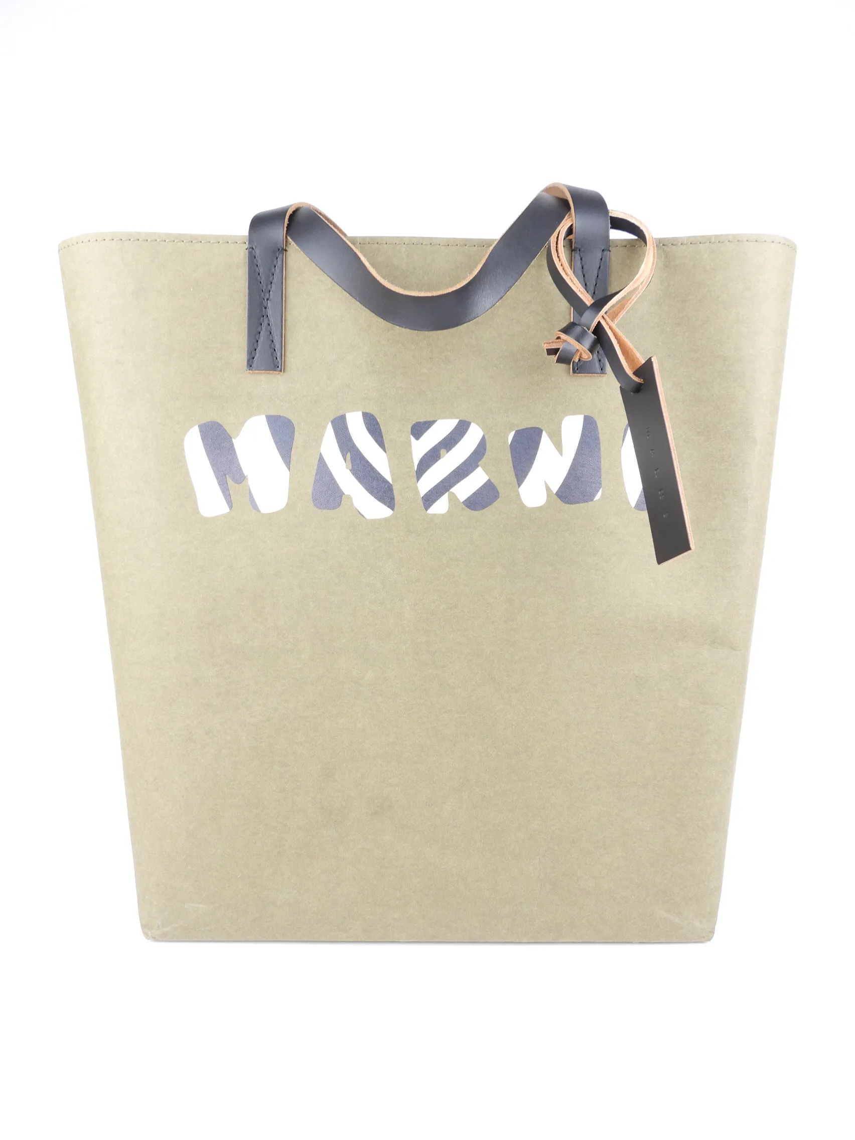 Marni khaki green black animal print logo tribeca paper shopping tote.