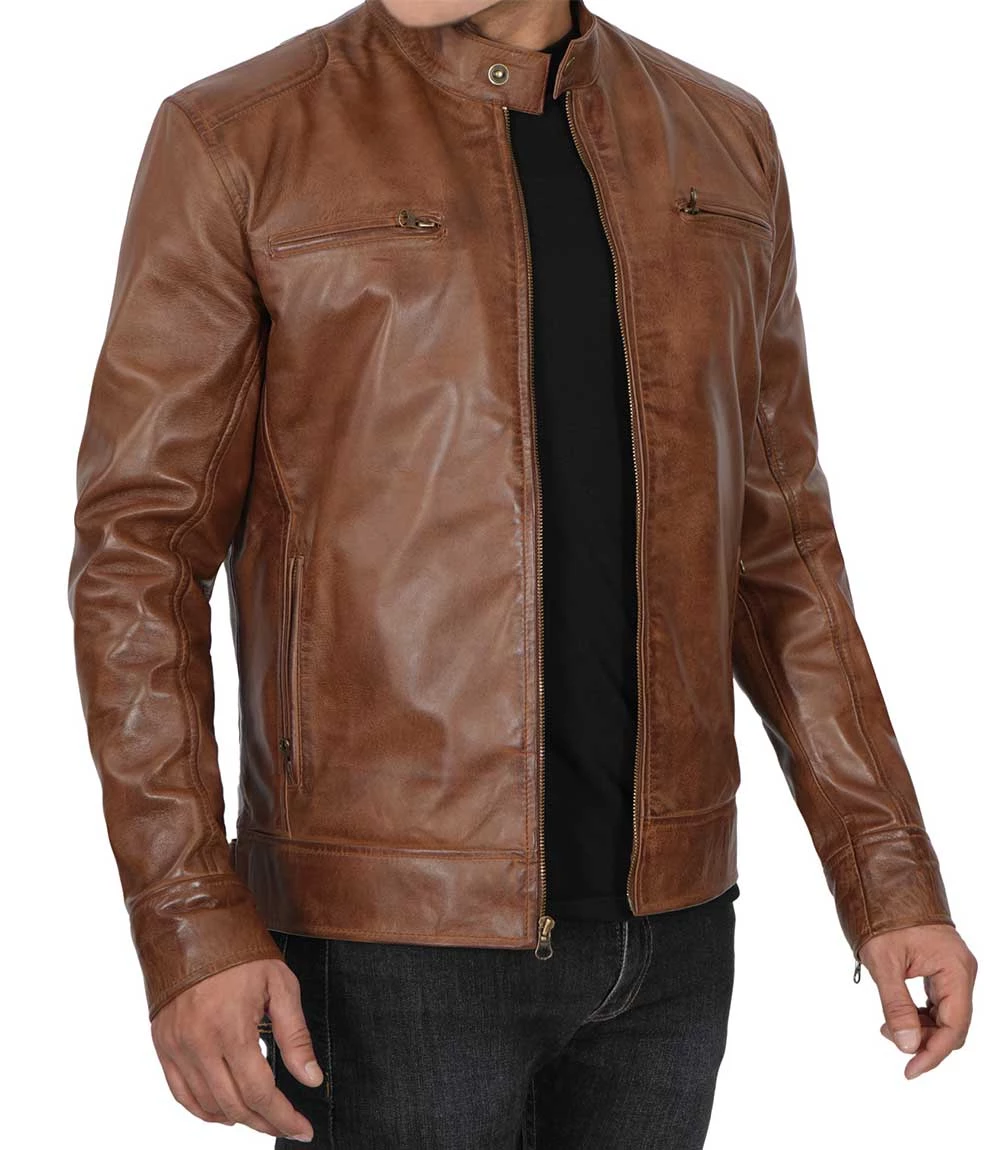 Men's Chocolate Brown Lambskin Cafe Racer Leather Jacket