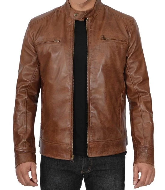 Men's Chocolate Brown Lambskin Cafe Racer Leather Jacket