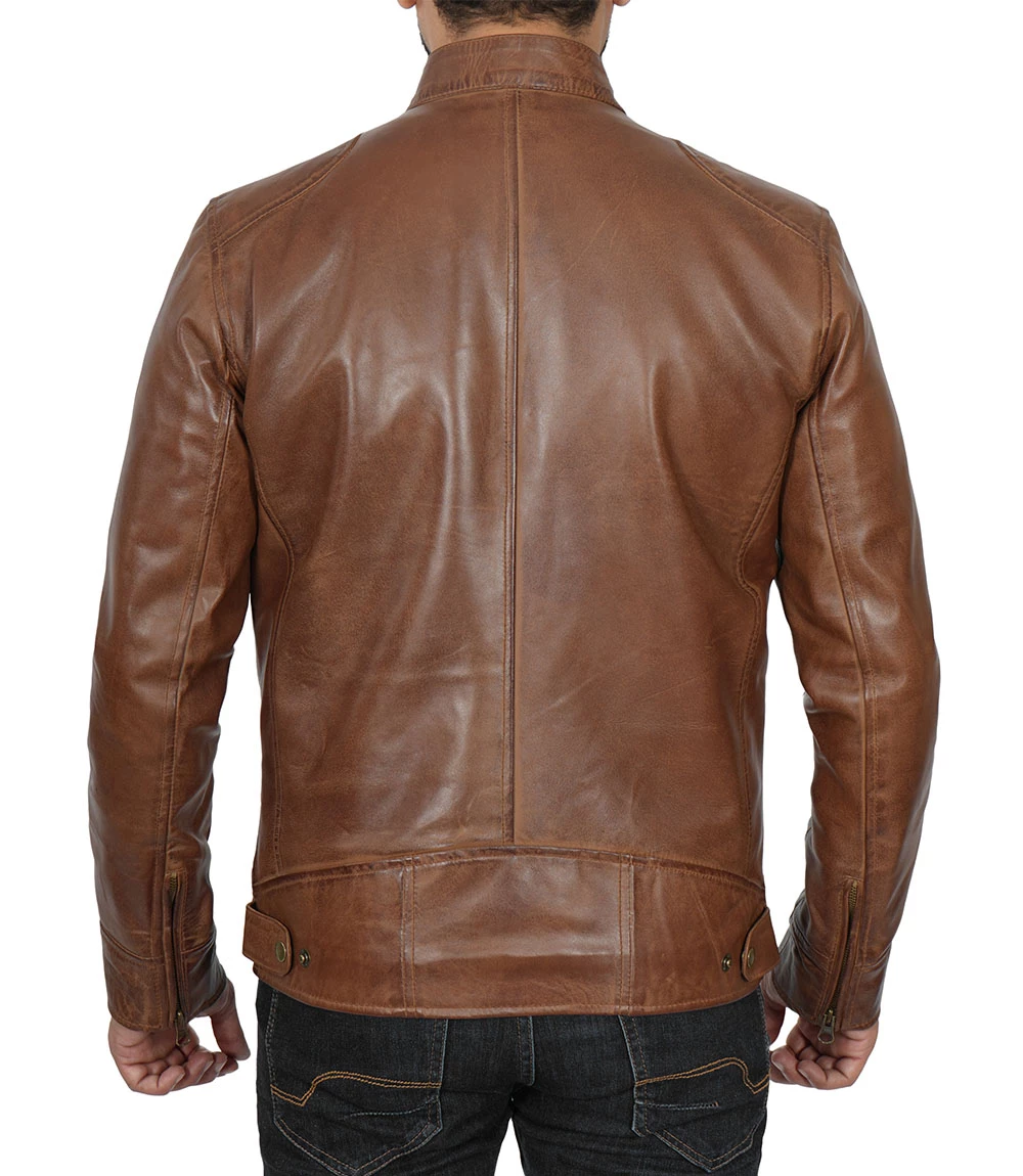 Men's Chocolate Brown Lambskin Cafe Racer Leather Jacket