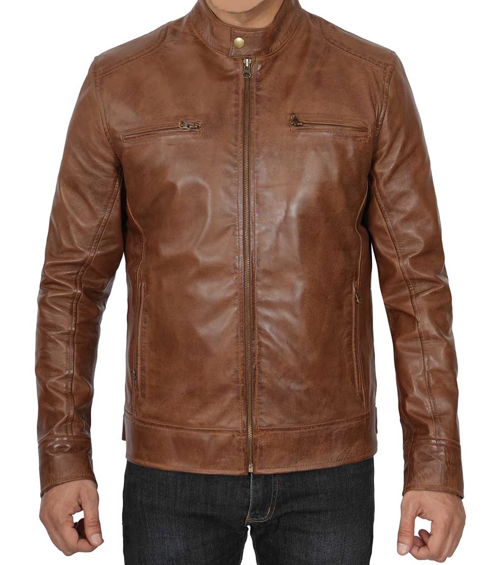 Men's Chocolate Brown Lambskin Cafe Racer Leather Jacket