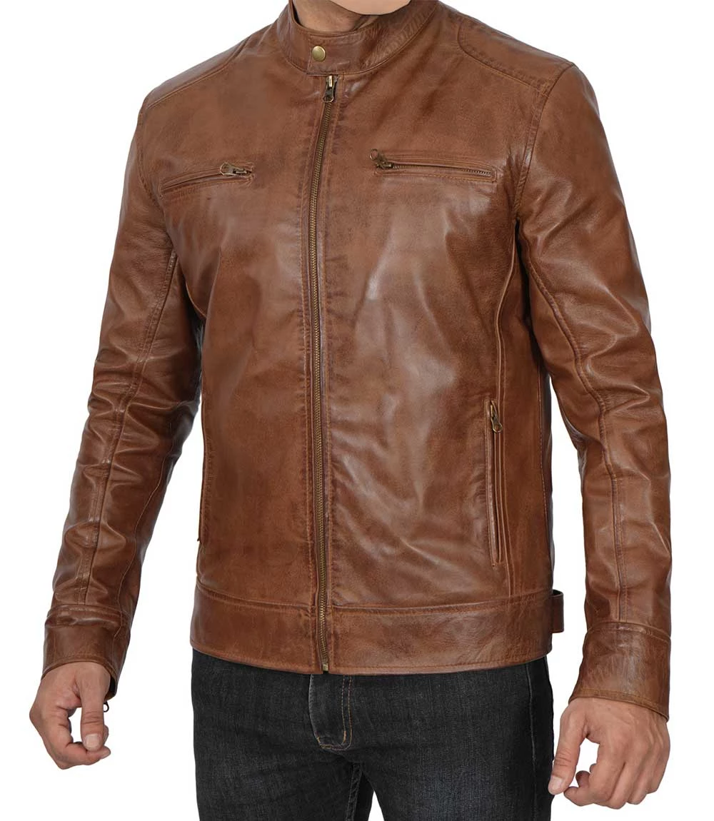 Men's Chocolate Brown Lambskin Cafe Racer Leather Jacket