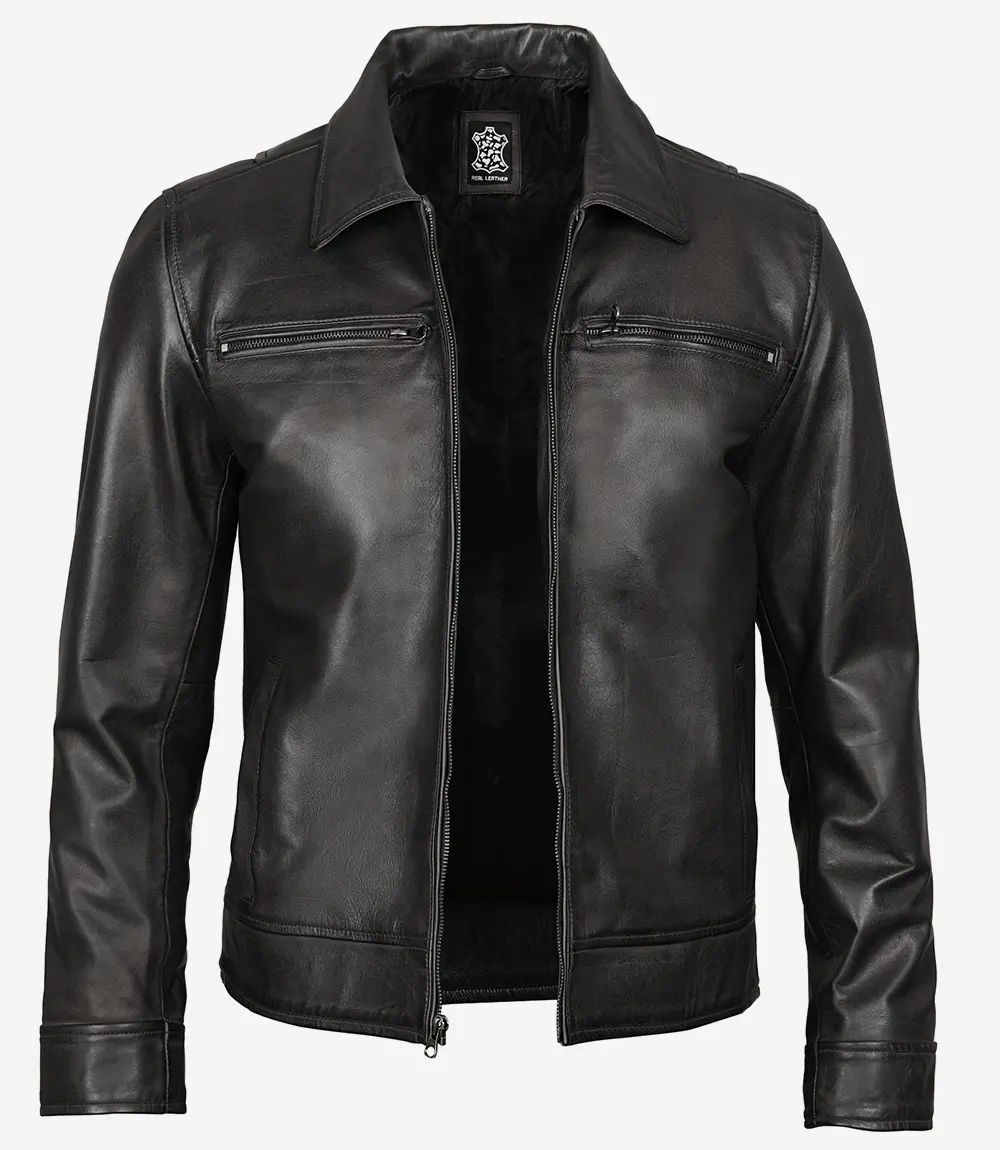 Mens Classic Shirt Collar Black Leather Jacket