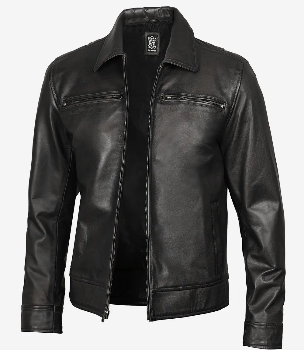 Mens Classic Shirt Collar Black Leather Jacket