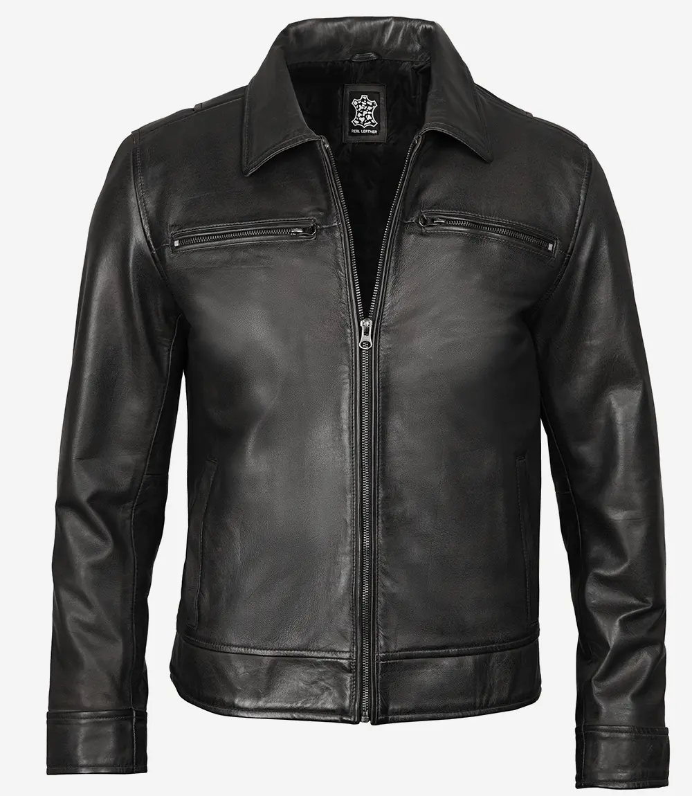 Mens Classic Shirt Collar Black Leather Jacket