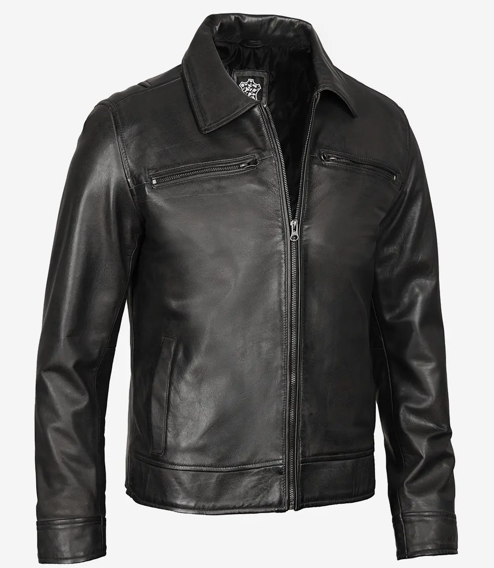 Mens Classic Shirt Collar Black Leather Jacket