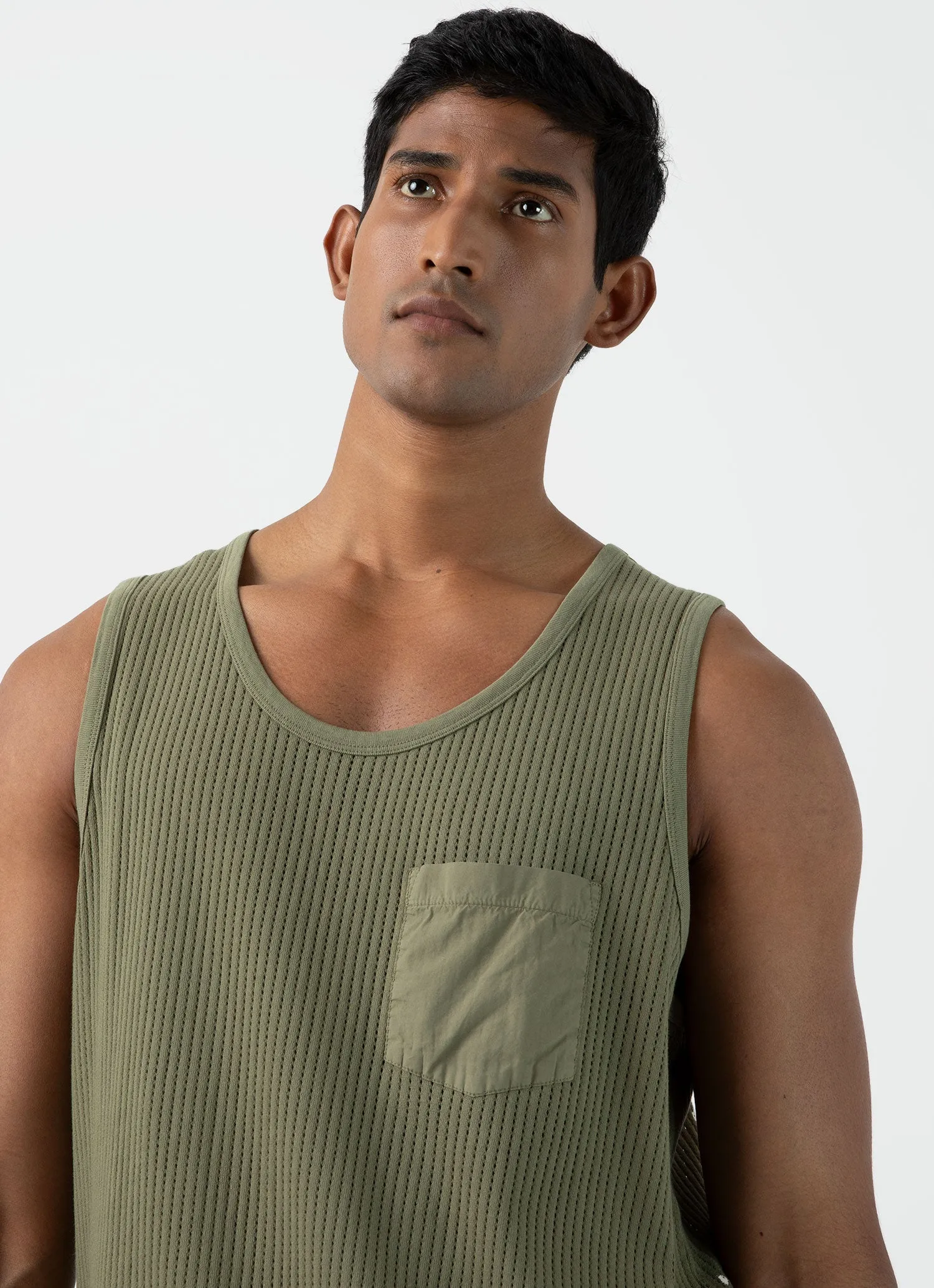 Men's Sunspel x Nigel Cabourn Mesh Vest in Army Green