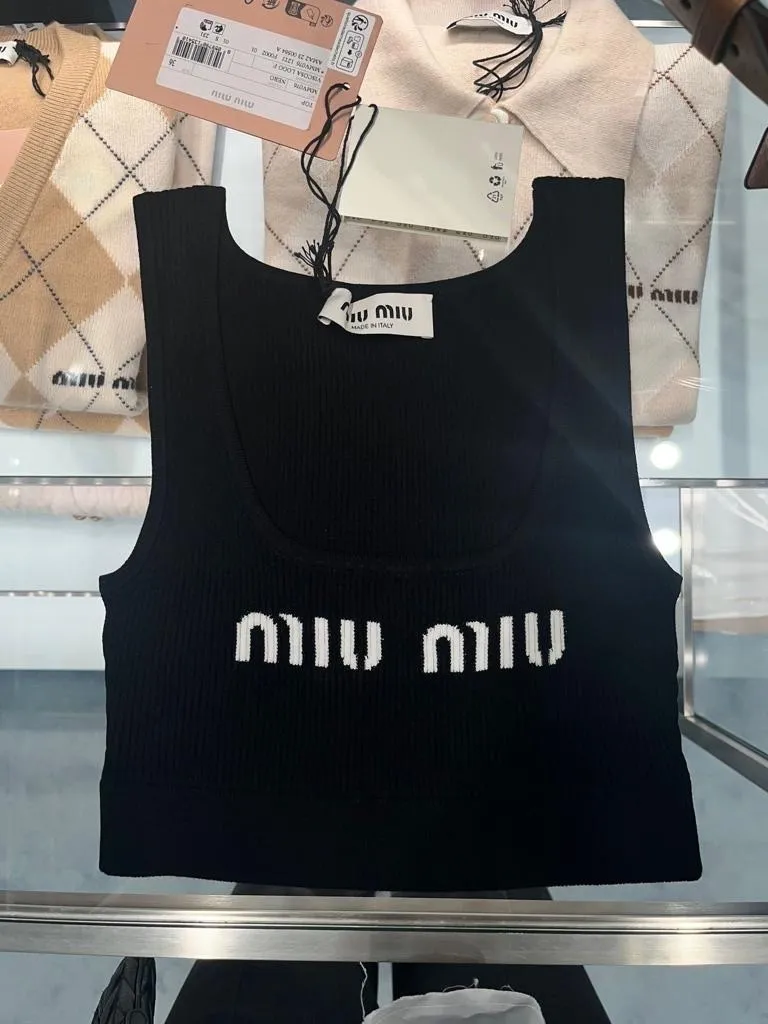 MiuMiu Rib U-Neck Logo Tanks Camisoles