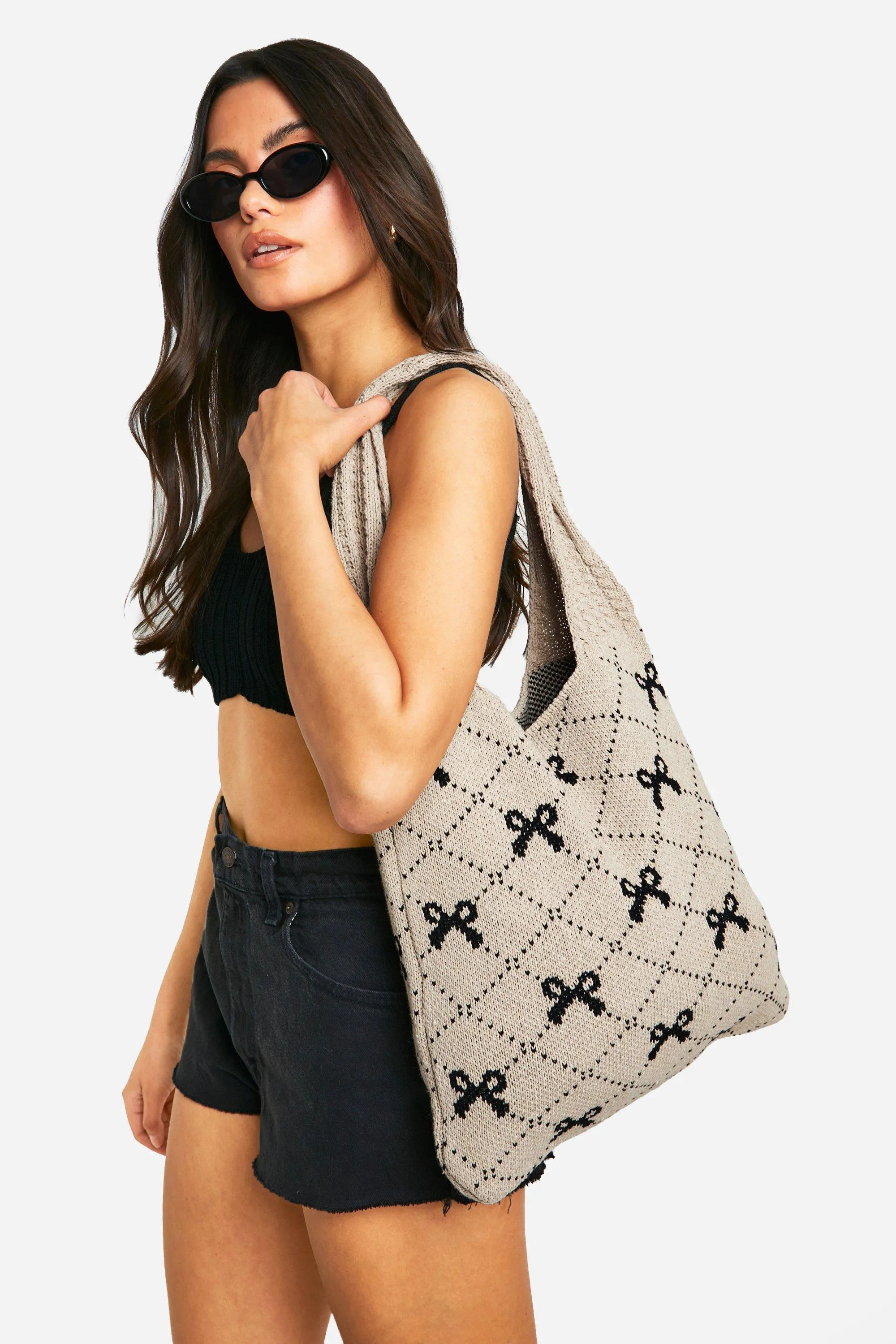 Patterned Bow Knitted Tote Bag