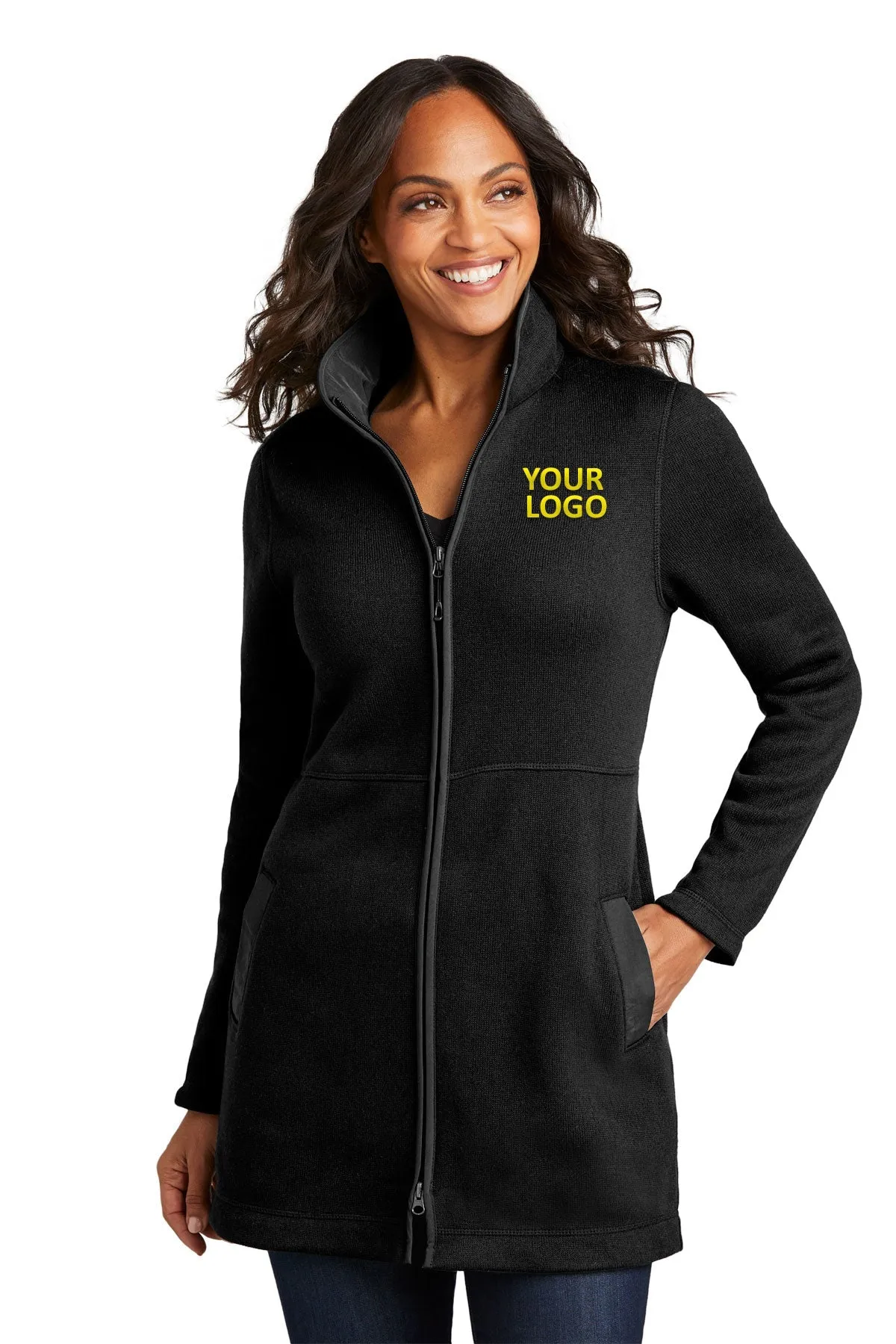 Port Authority Ladies Arc Sweater Fleece Long Customized Jackets, Deep Black