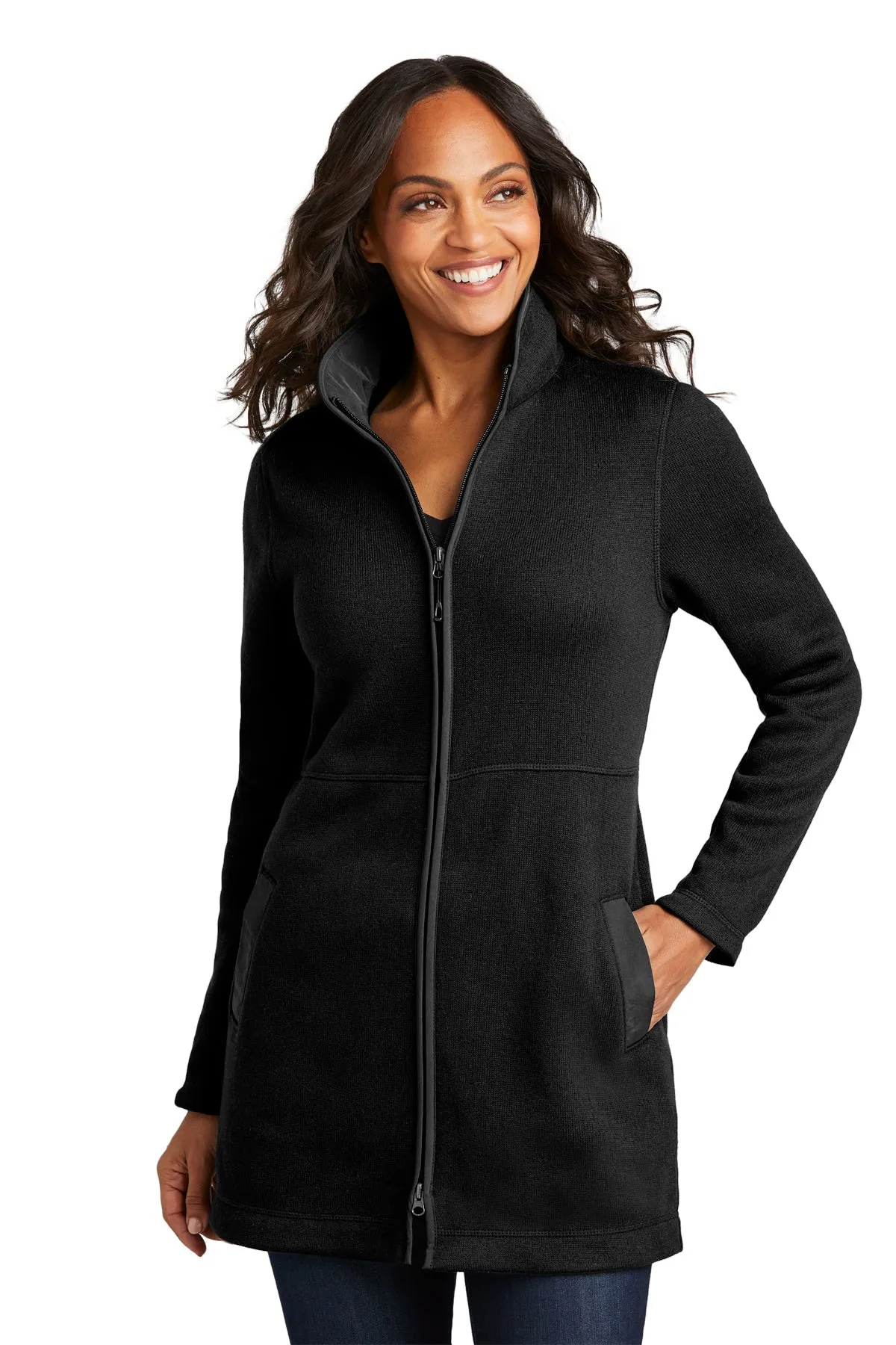 Port Authority Ladies Arc Sweater Fleece Long Customized Jackets, Deep Black