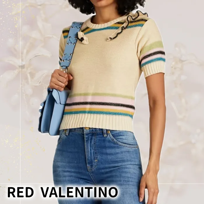 RED VALENTINO - Rib Cotton Short Sleeves Metallic V-neck & Crew neck