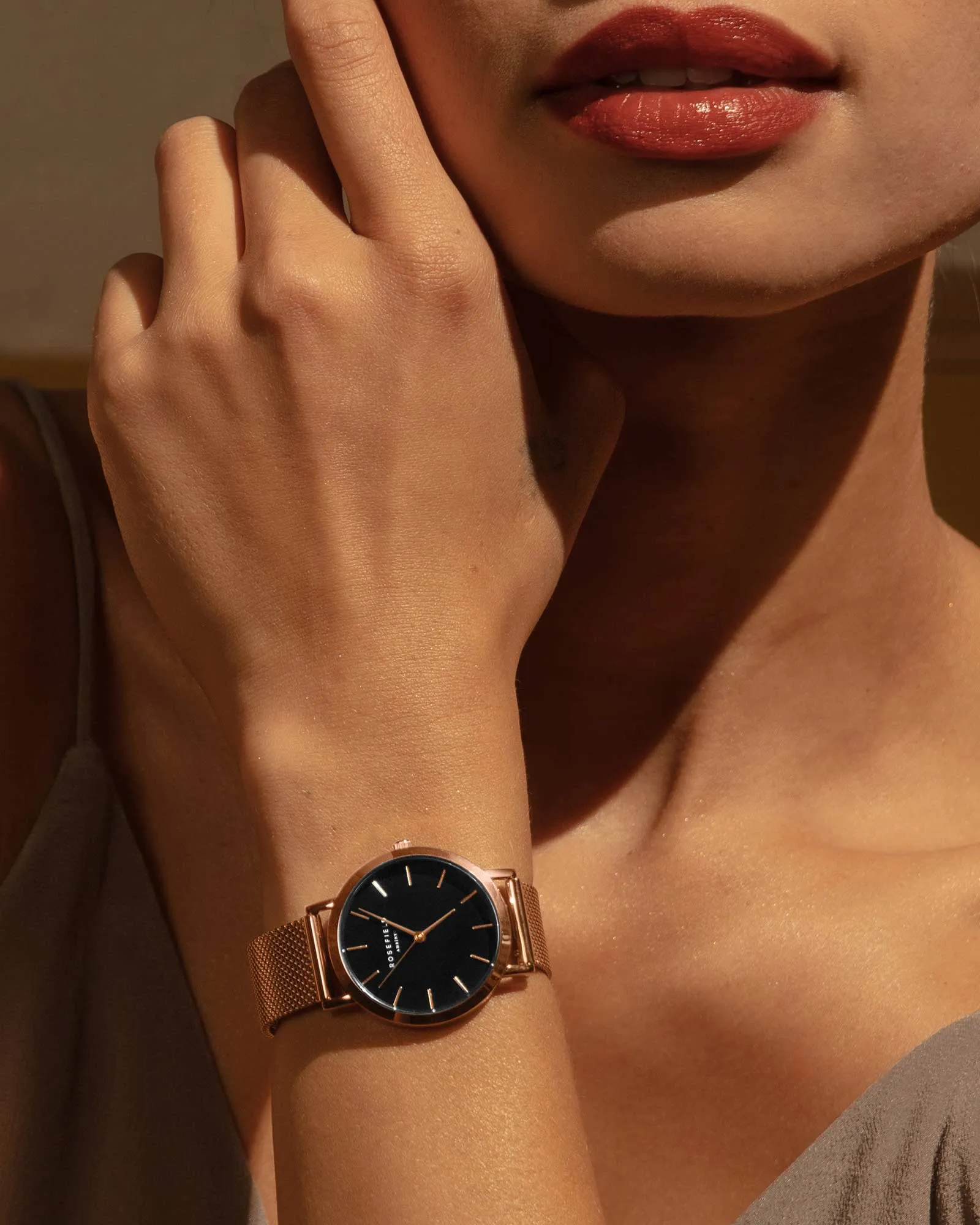 Rosefield - Tribeca Black Rose gold Mesh Watch.