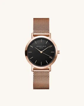 Rosefield - Tribeca Black Rose gold Mesh Watch.