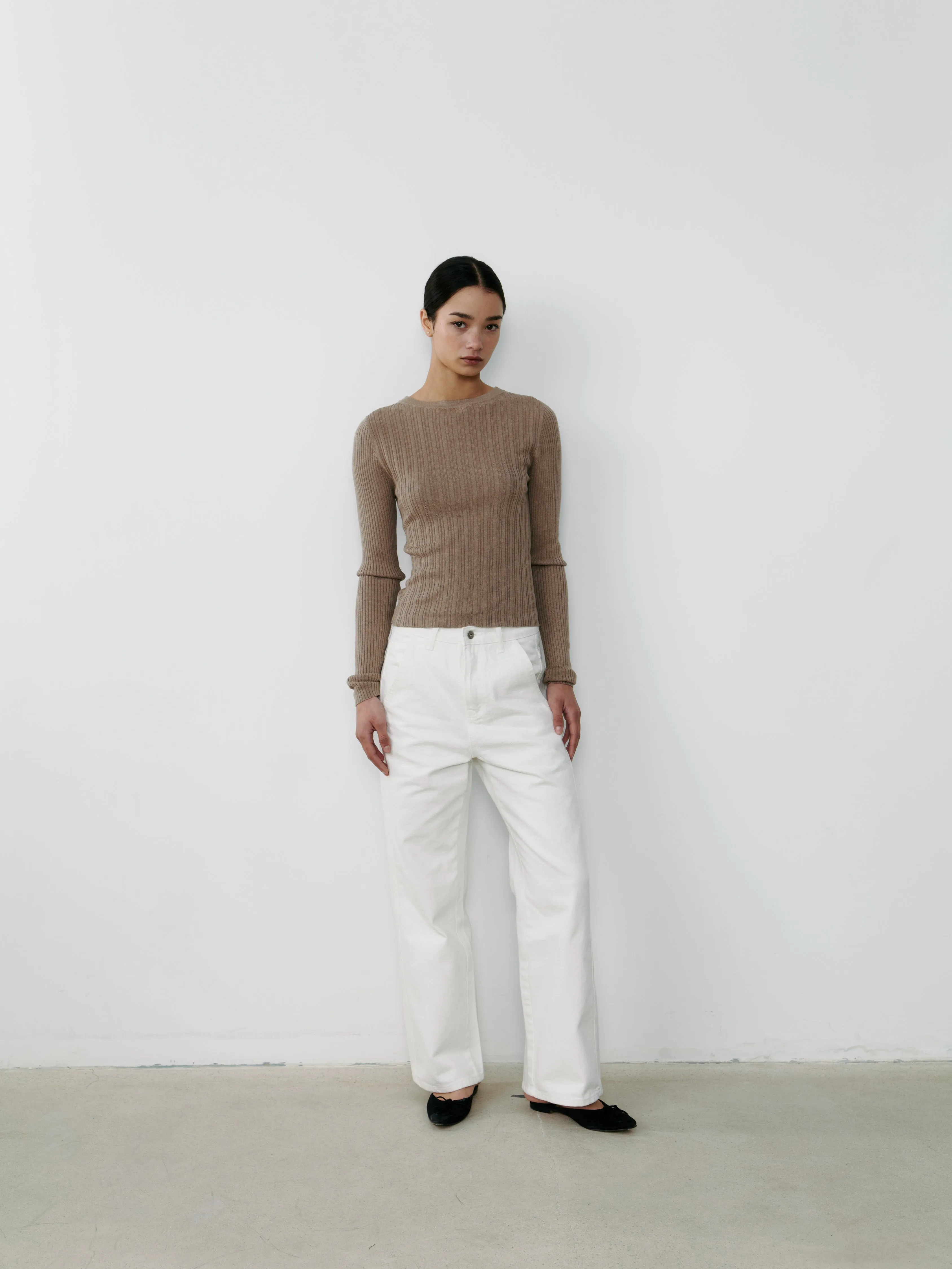 Silk Ribbed Boatneck Top - Mink